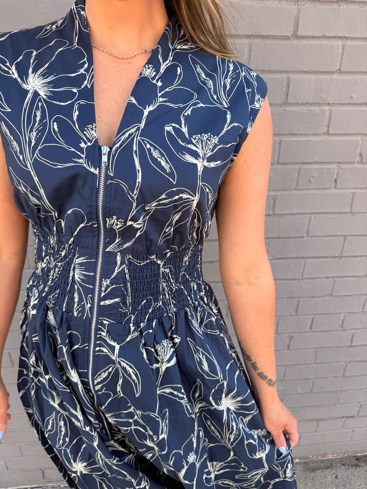 Midnight Bloom Zip Midi Dress