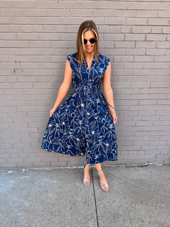 Midnight Bloom Zip Midi Dress