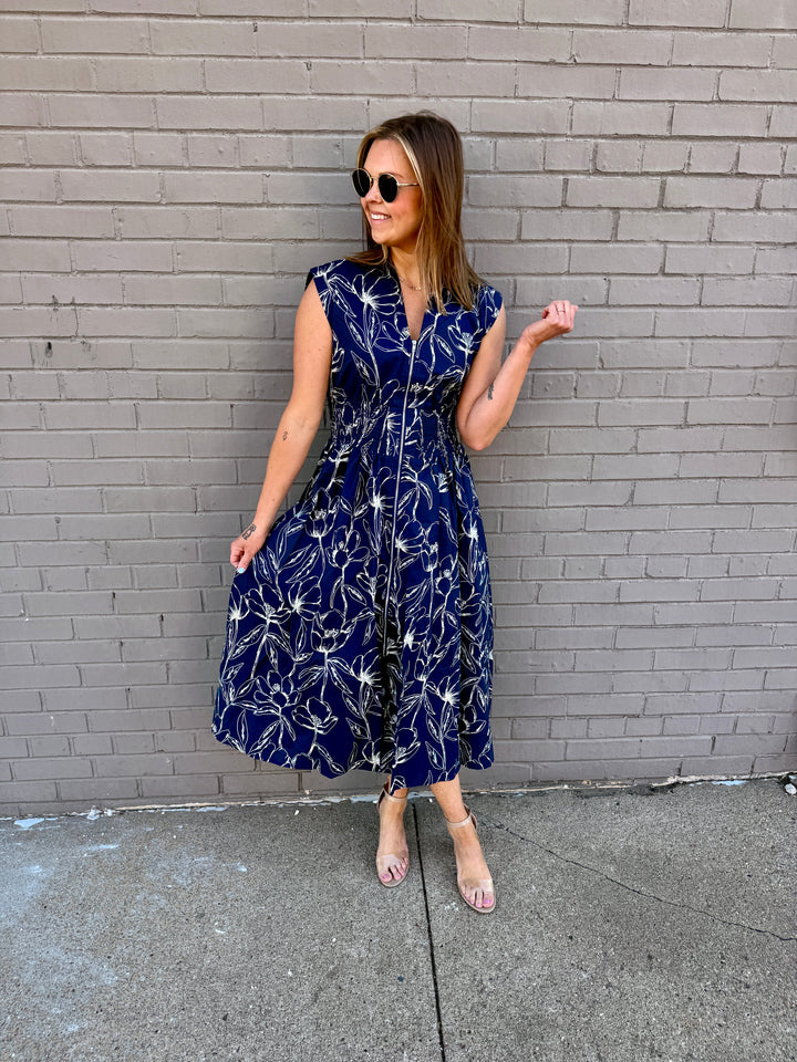 Midnight Bloom Zip Midi Dress