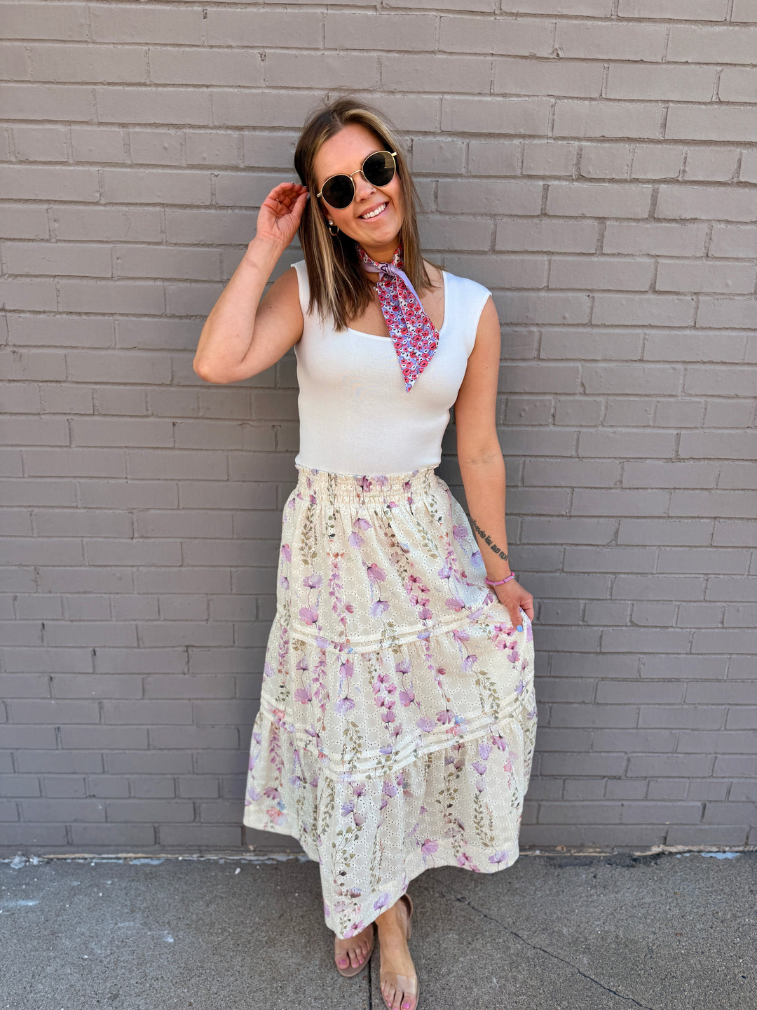 Floral Embroidered Smocked Maxi Skirt
