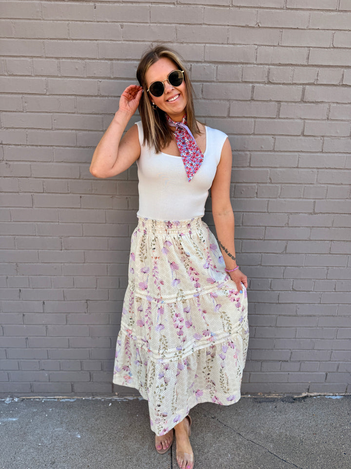 Floral Embroidered Smocked Maxi Skirt