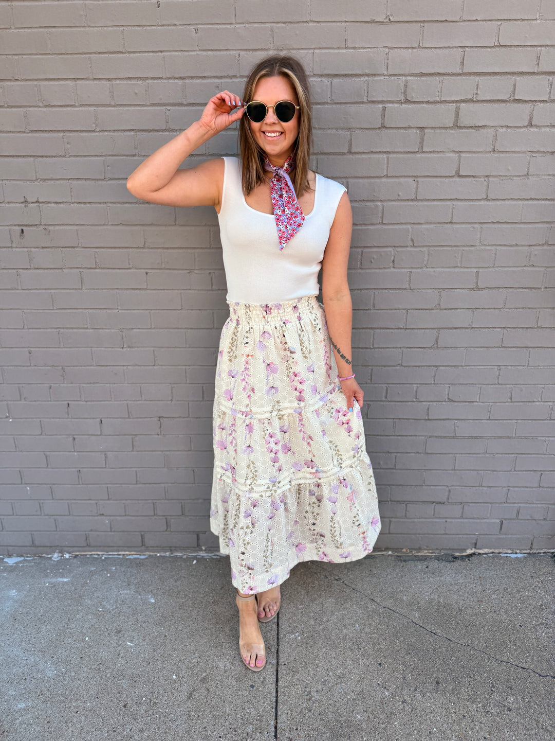 Floral Embroidered Smocked Maxi Skirt