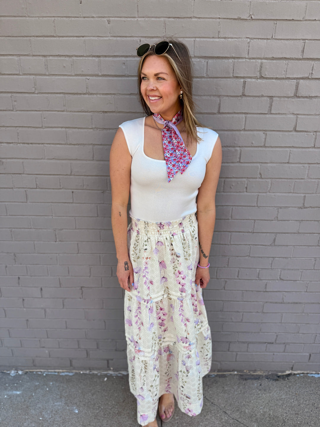 Floral Embroidered Smocked Maxi Skirt