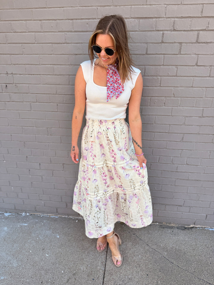 Floral Embroidered Smocked Maxi Skirt
