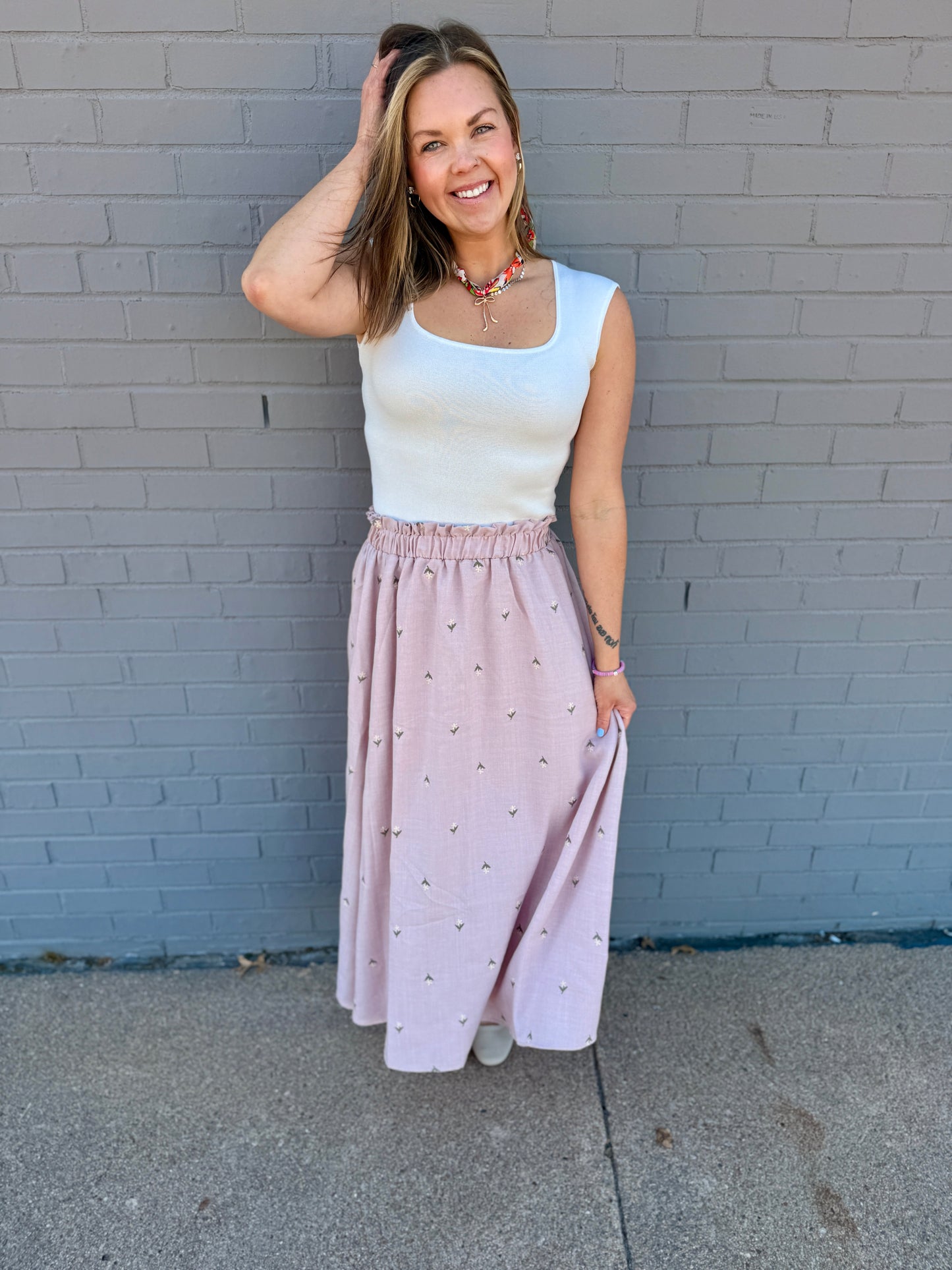 Petal Embroidered Ruffled Midi Skirt