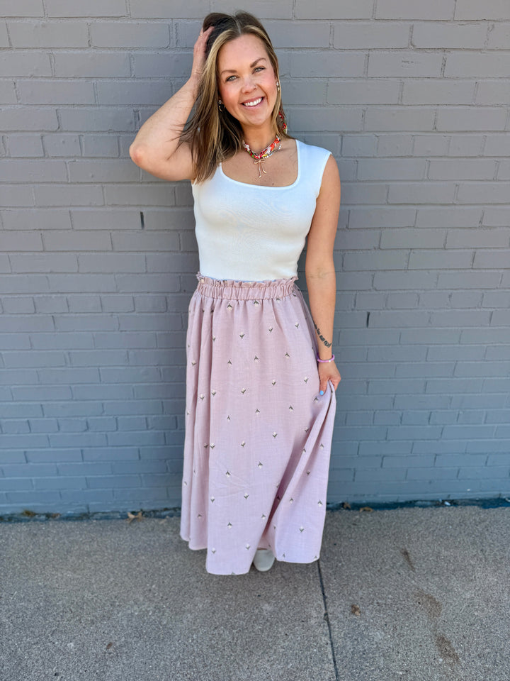 Petal Embroidered Ruffled Midi Skirt