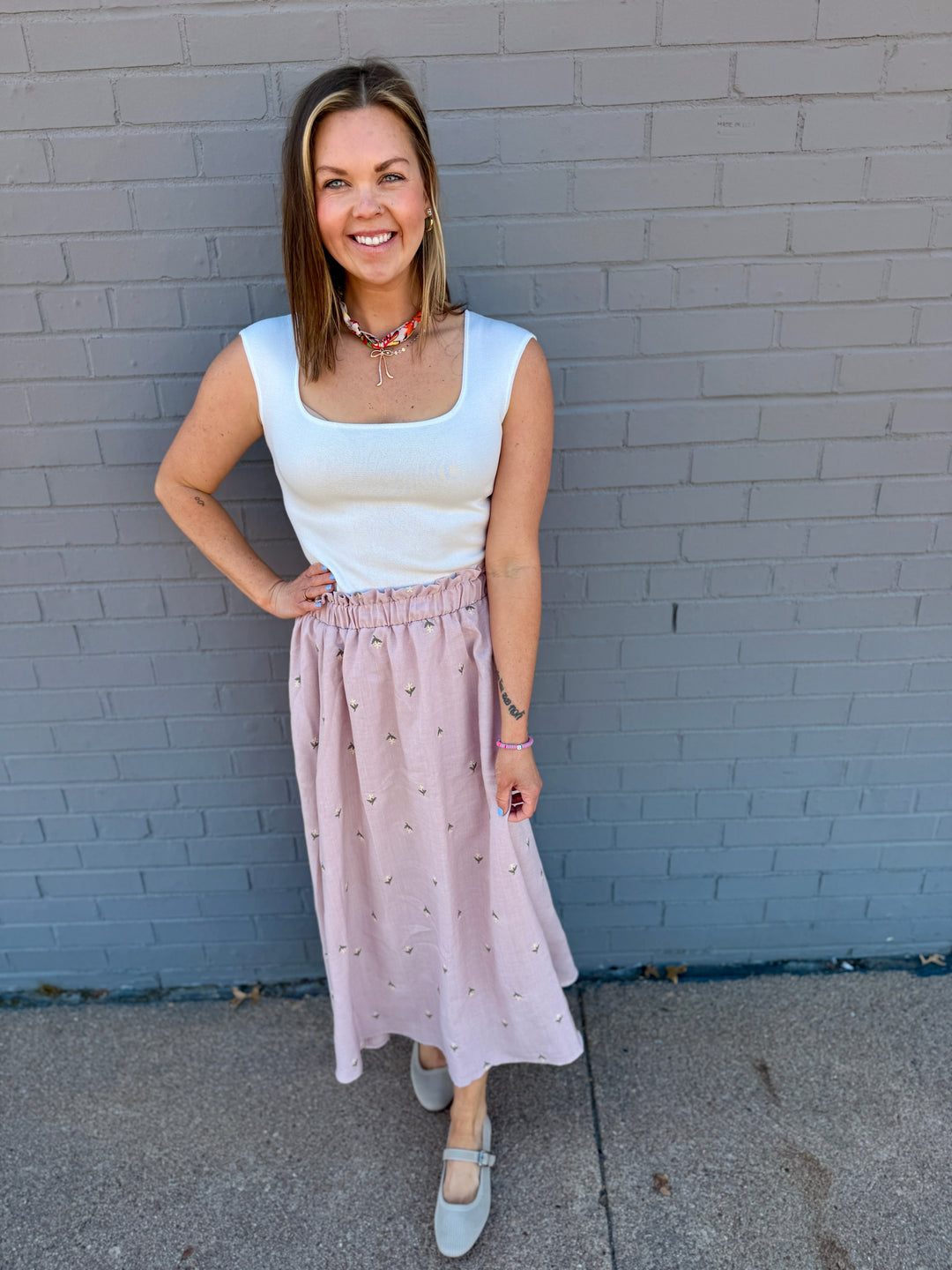 Petal Embroidered Ruffled Midi Skirt