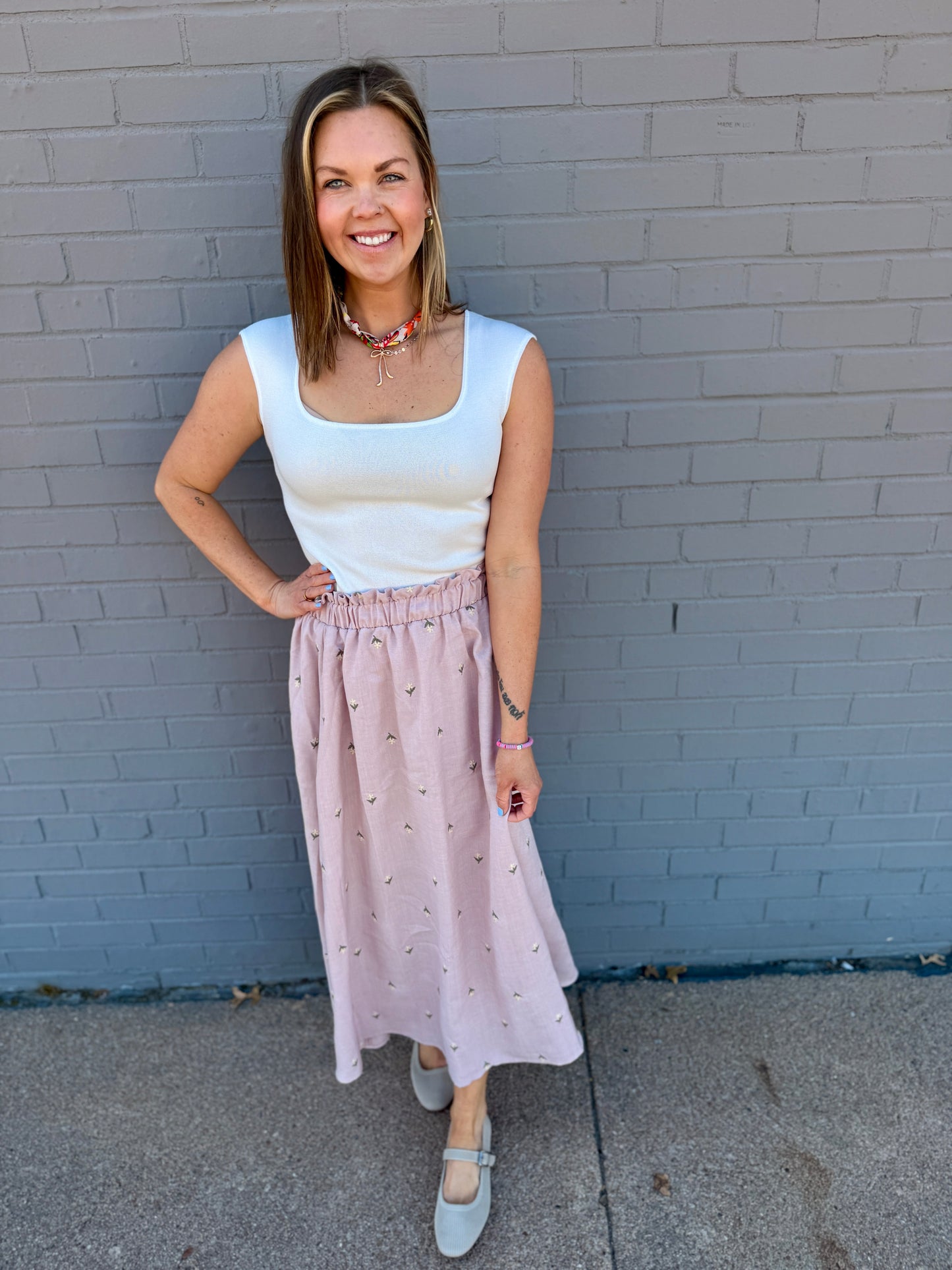 Petal Embroidered Ruffled Midi Skirt