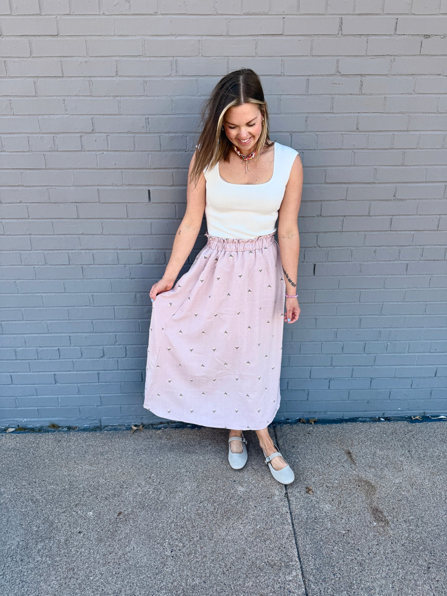 Petal Embroidered Ruffled Midi Skirt