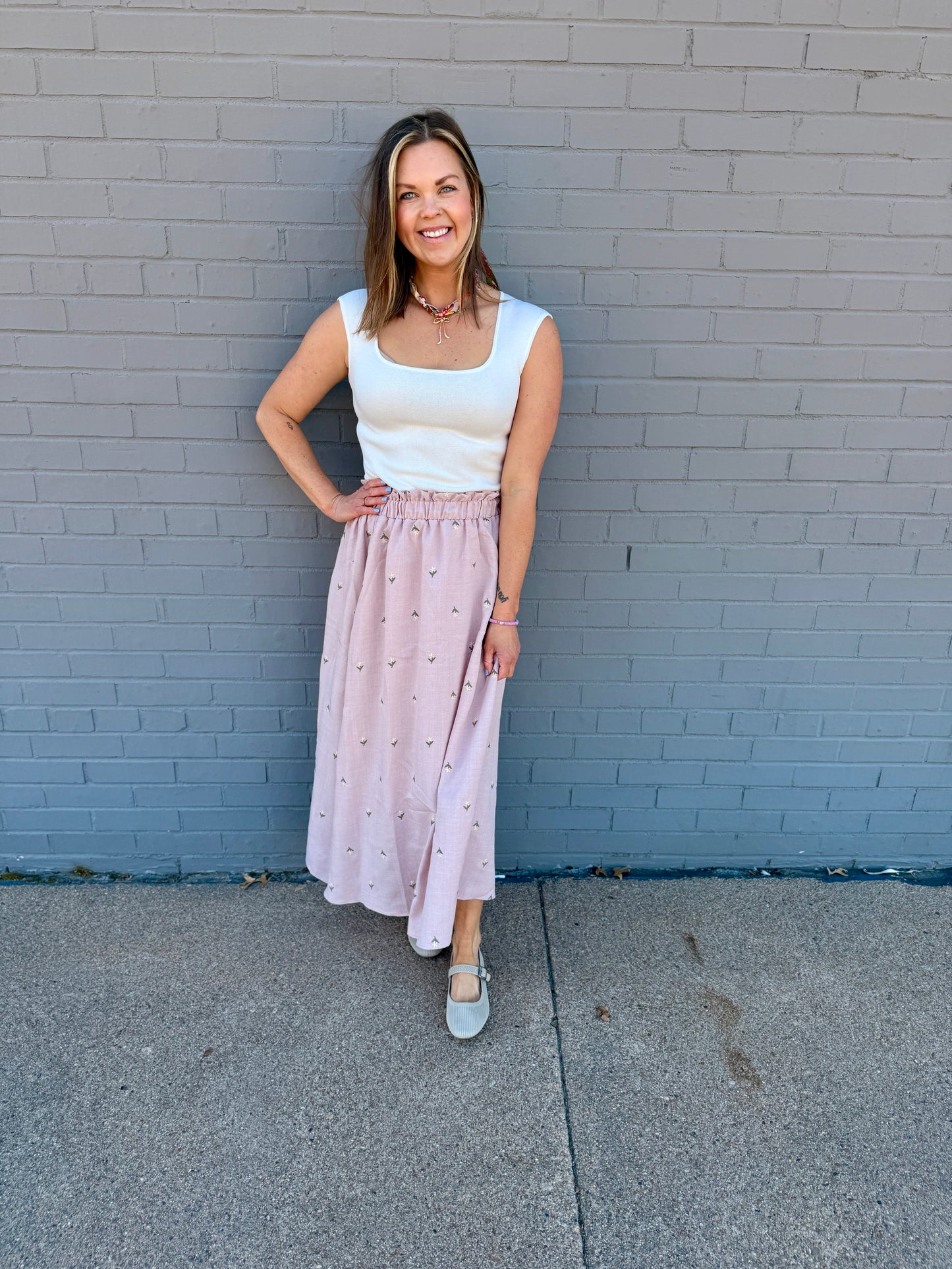 Petal Embroidered Ruffled Midi Skirt