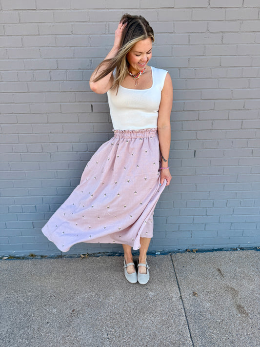 Petal Embroidered Ruffled Midi Skirt