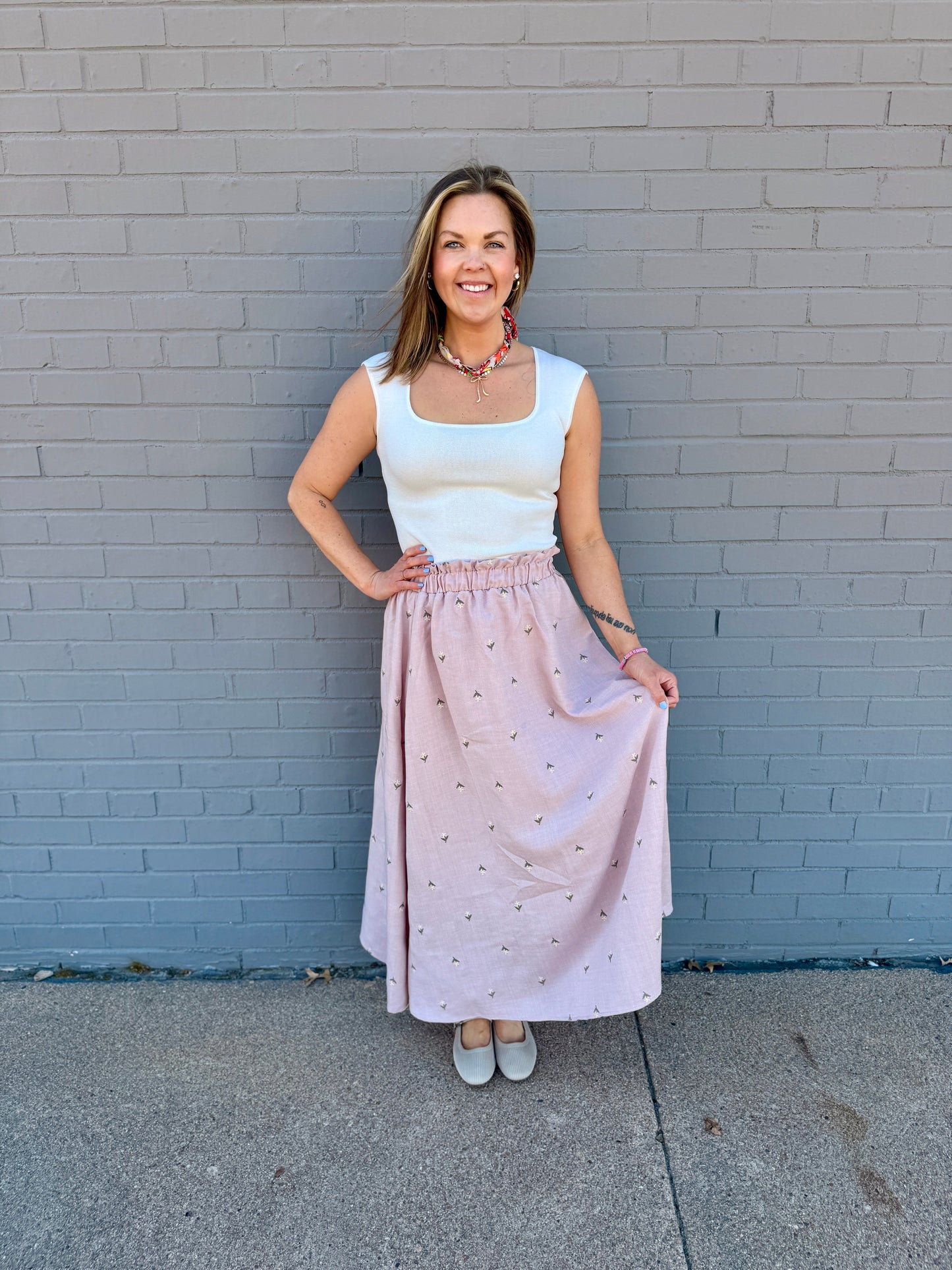 Petal Embroidered Ruffled Midi Skirt