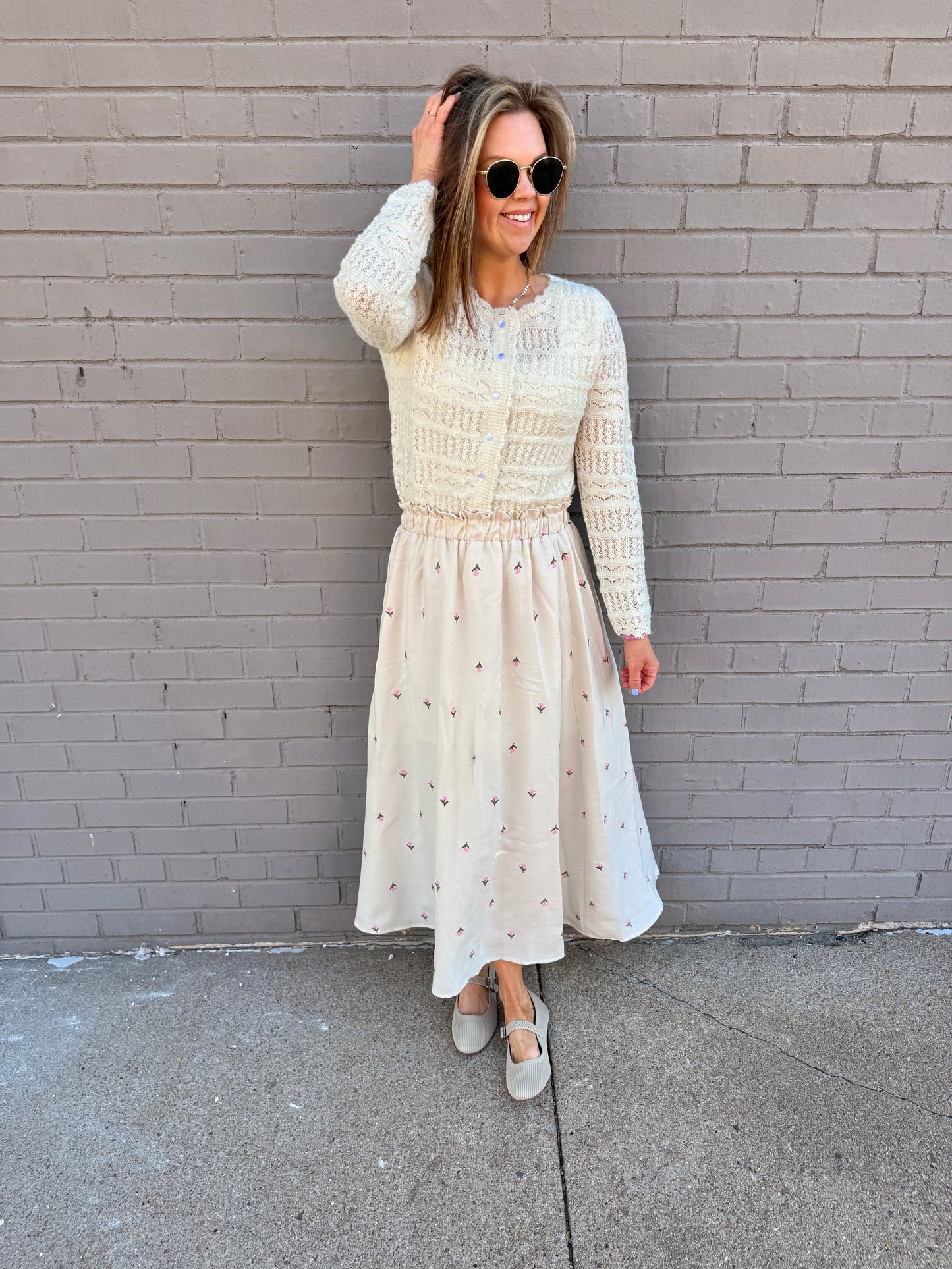 Petal Embroidered Ruffled Midi Skirt