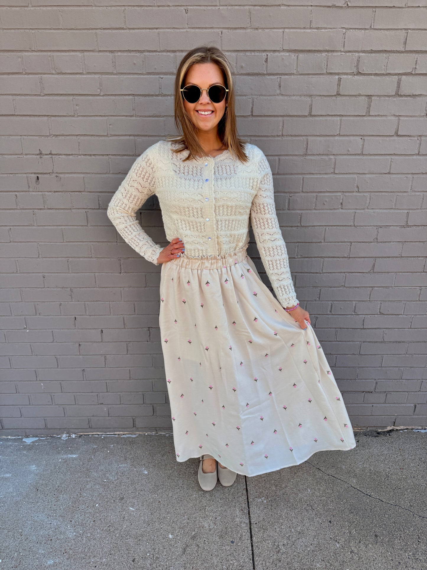 Petal Embroidered Ruffled Midi Skirt