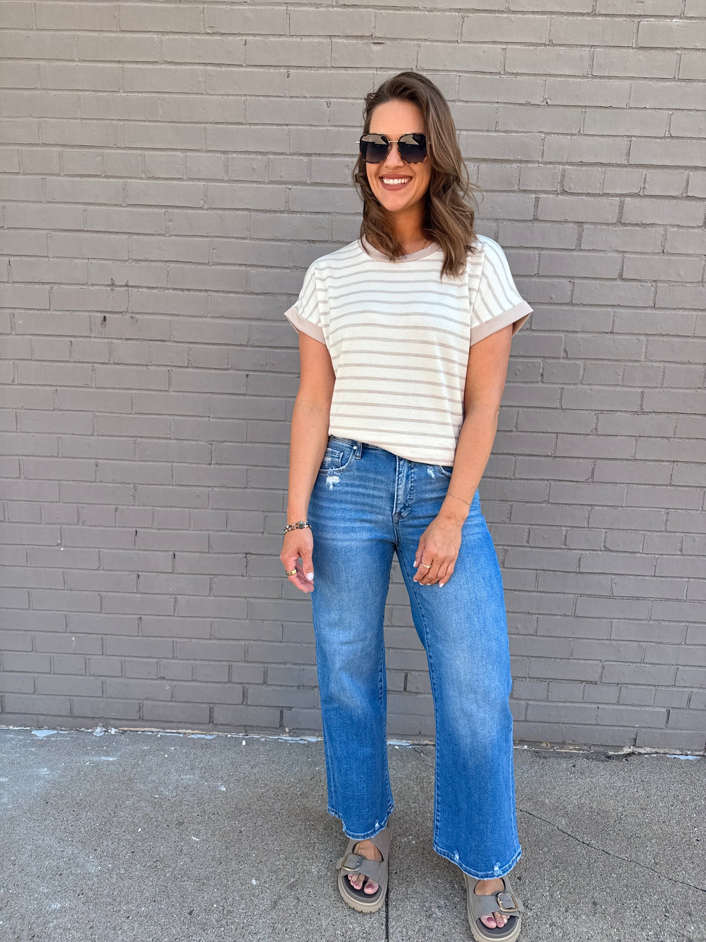 The Maisie Striped Dolman Tee - Taupe