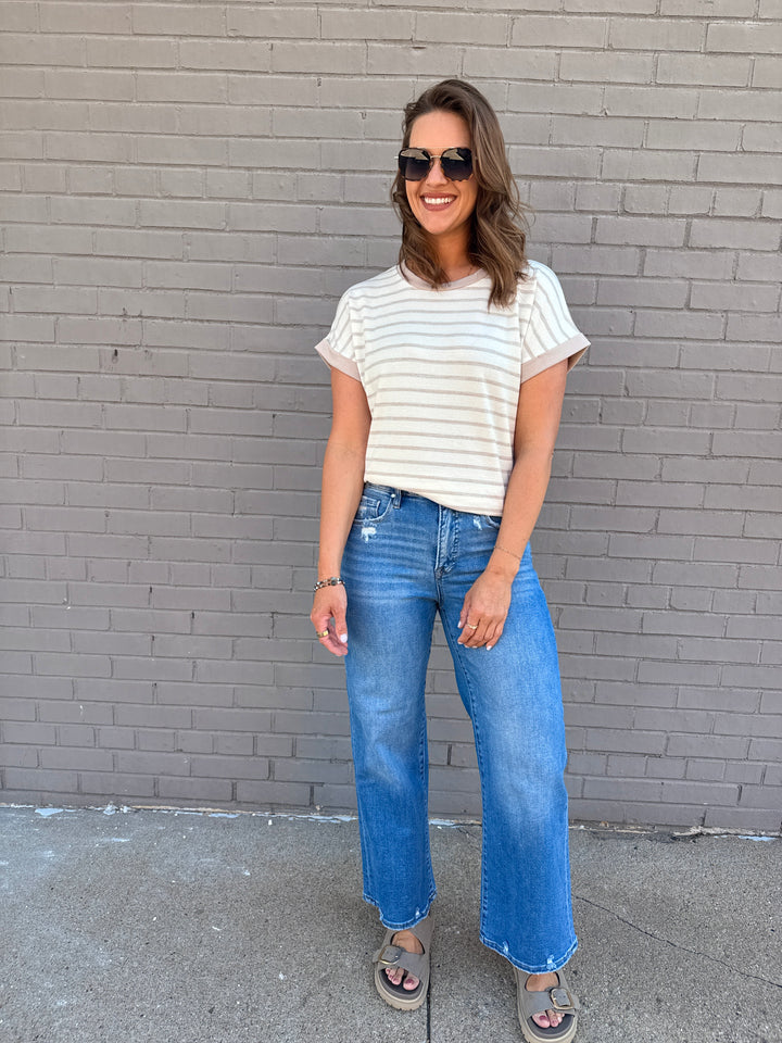 The Maisie Striped Dolman Tee - Taupe