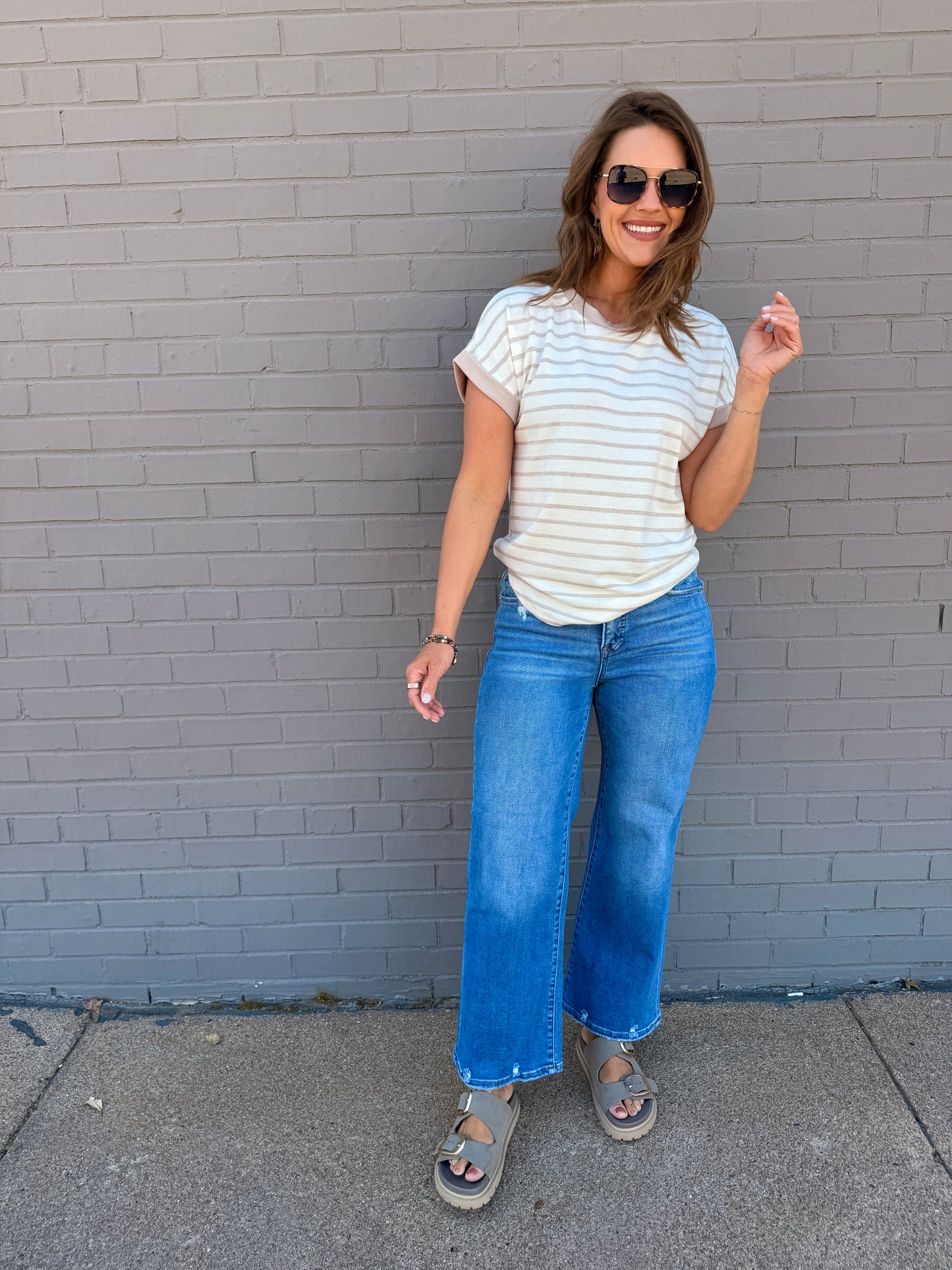 The Maisie Striped Dolman Tee - Taupe
