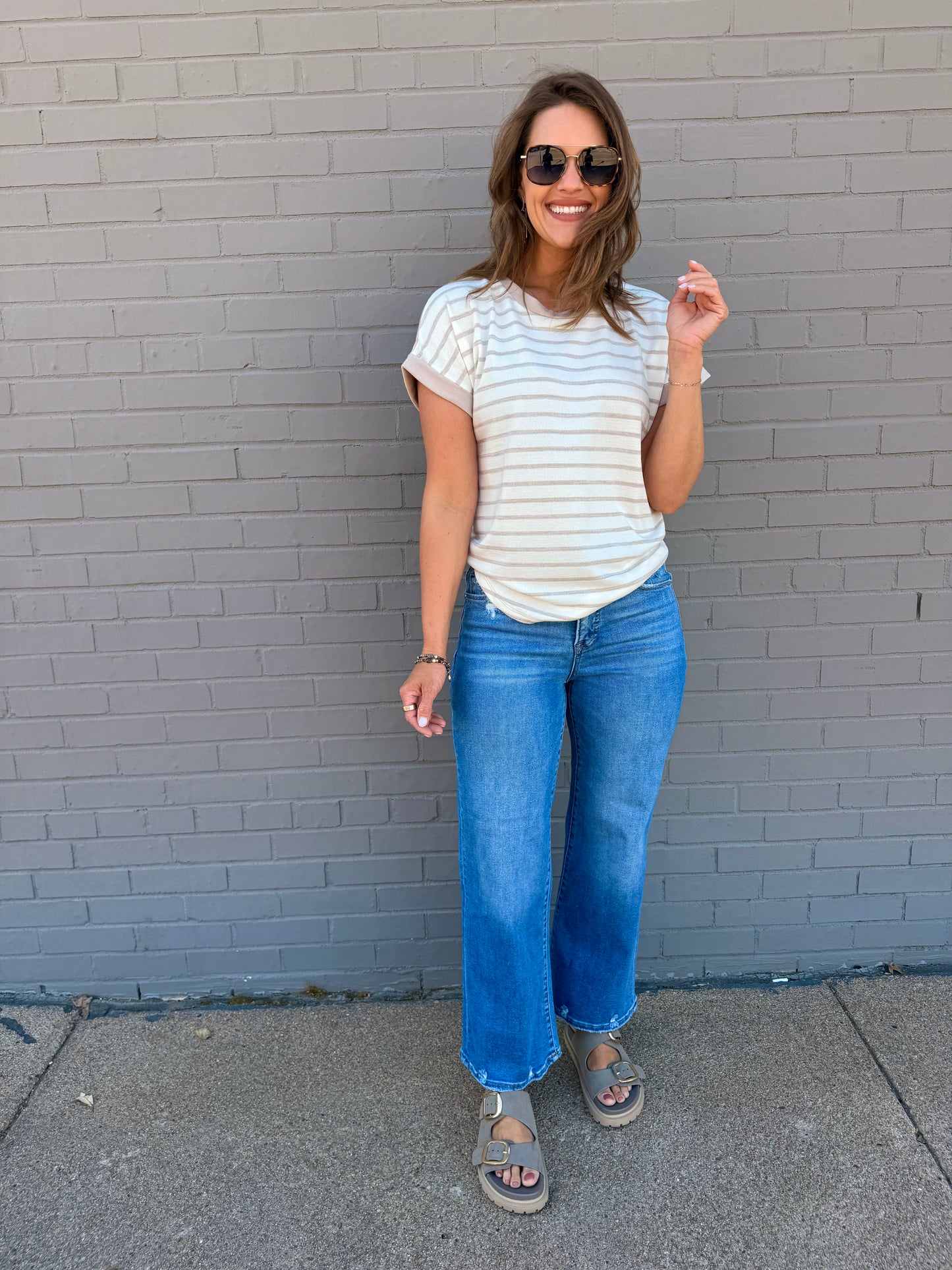 The Maisie Striped Dolman Tee - Taupe