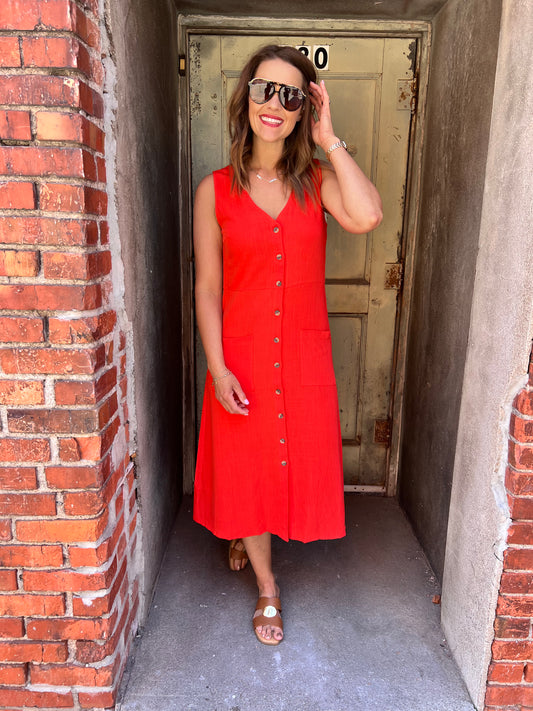 Breeze & Buttons Linen Midi Dress - Red