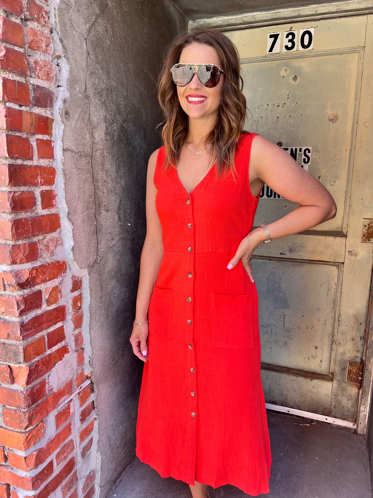 Breeze & Buttons Linen Midi Dress - Red