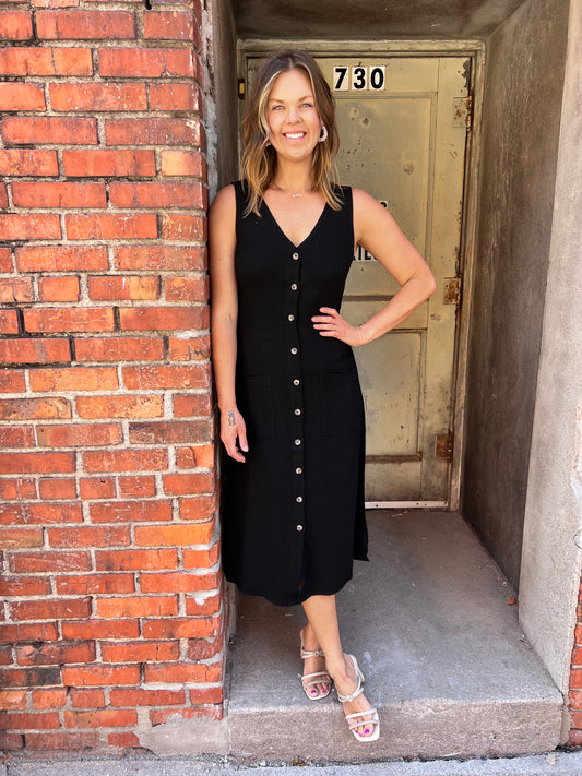 Breeze & Buttons Linen Midi Dress - Black