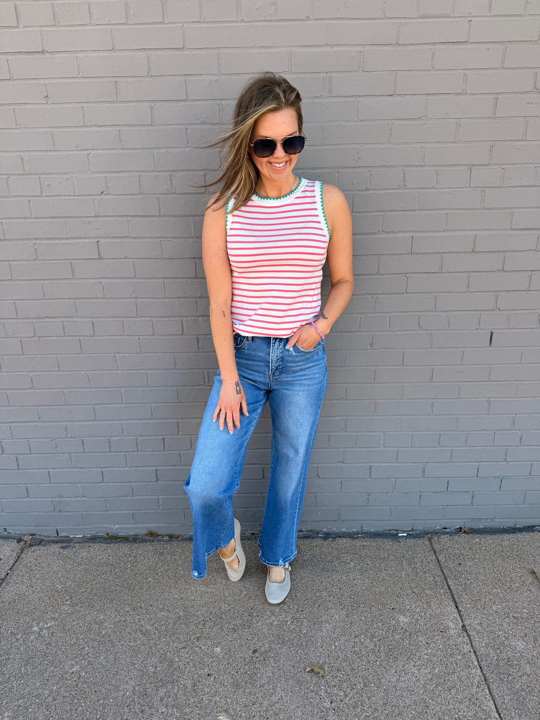 The Chloe Scalloped Striped Tank - Pink