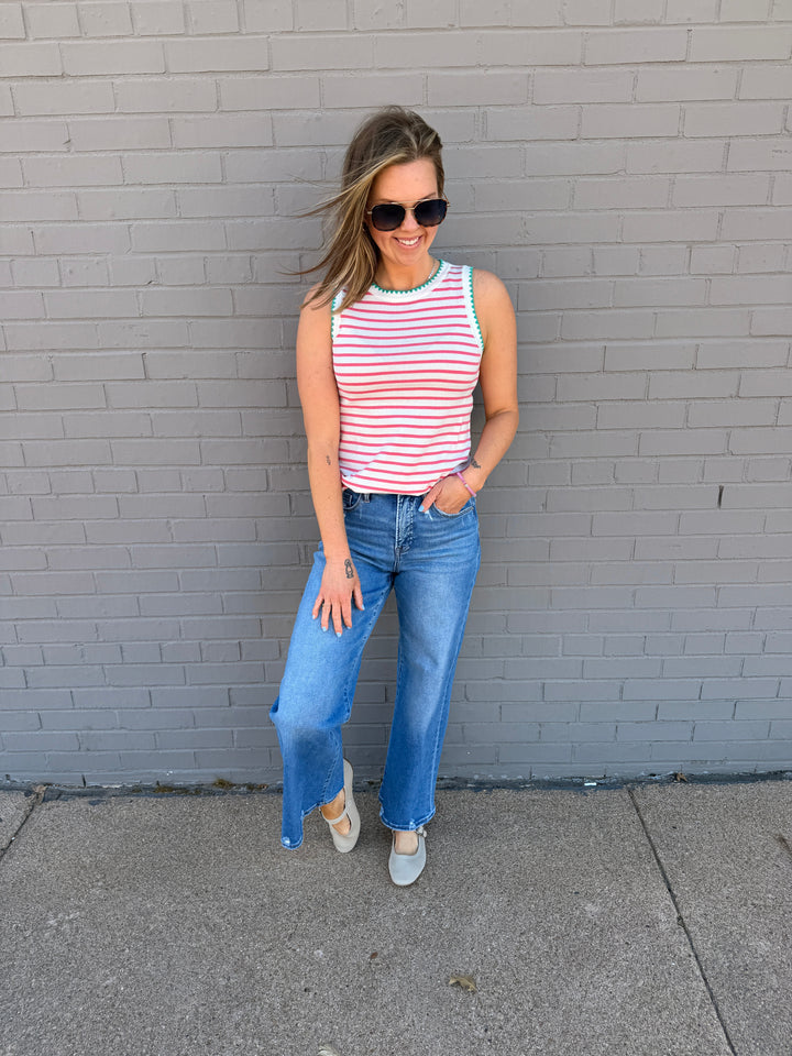 The Chloe Scalloped Striped Tank - Pink