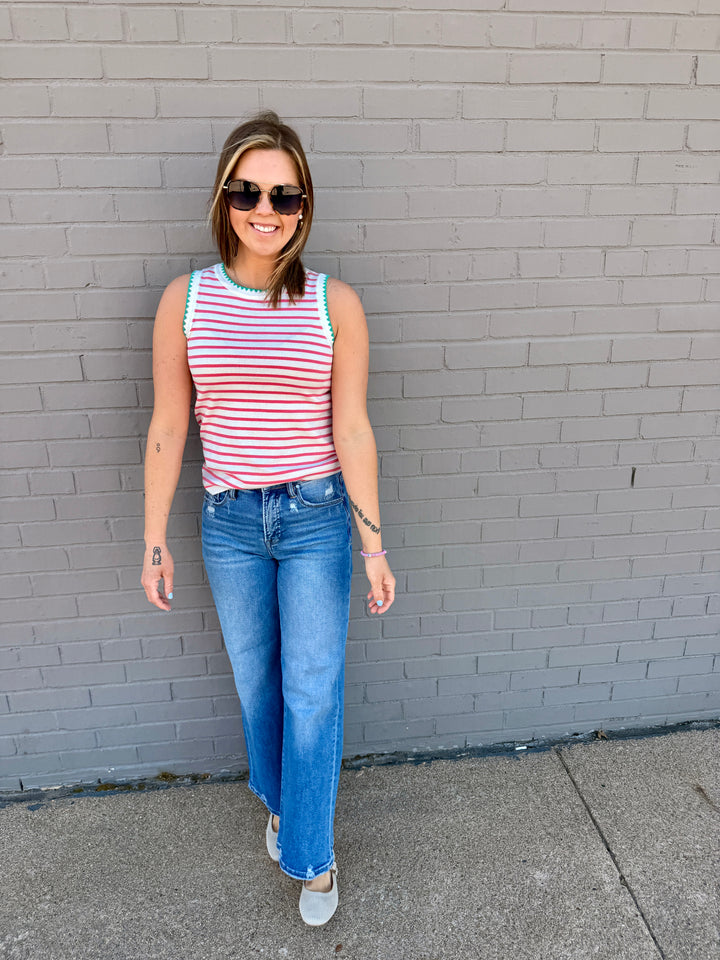 The Chloe Scalloped Striped Tank - Pink