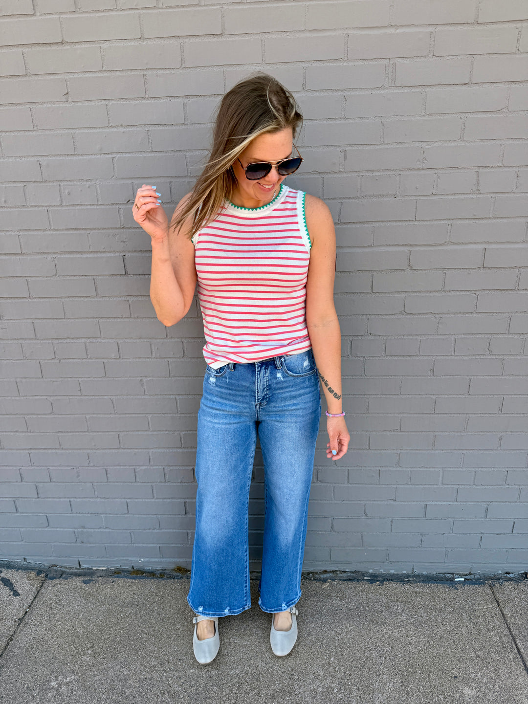 The Chloe Scalloped Striped Tank - Pink
