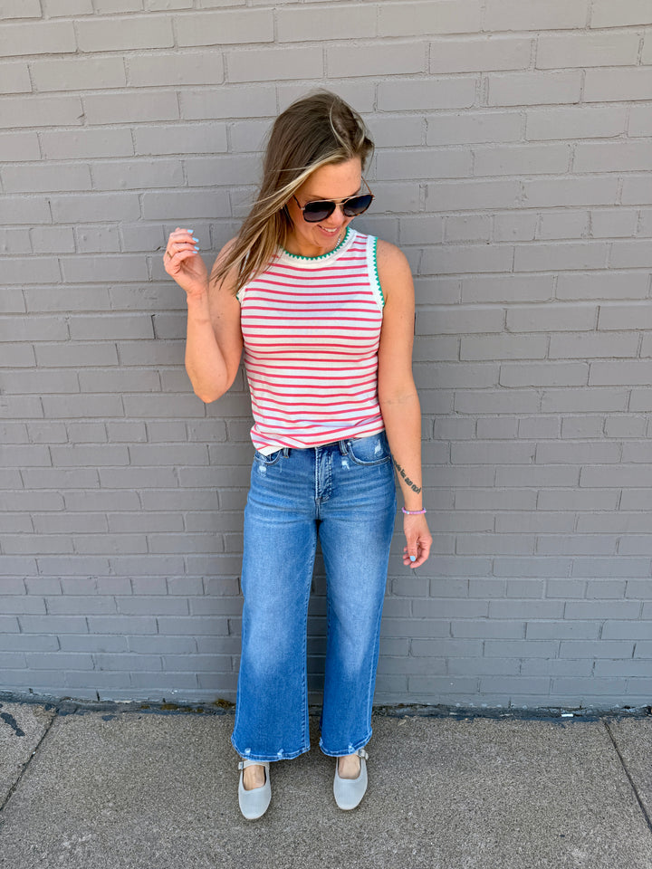 The Chloe Scalloped Striped Tank - Pink
