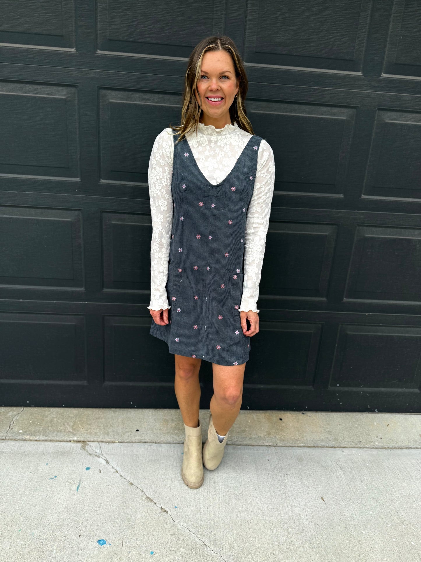 Floral Embroidered Overall Dress - Teal