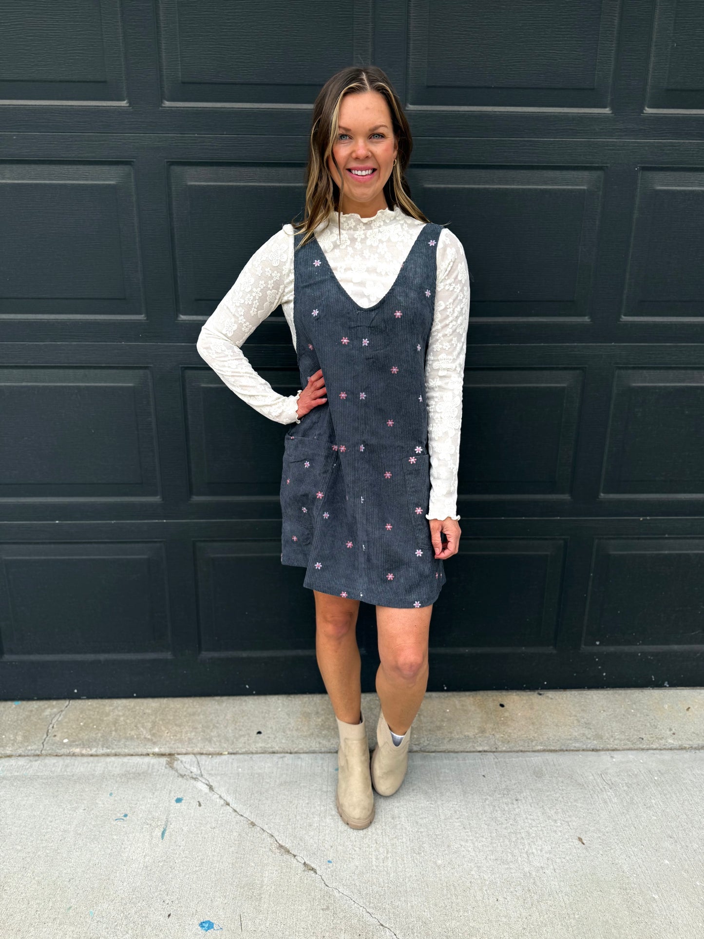 Floral Embroidered Overall Dress - Teal