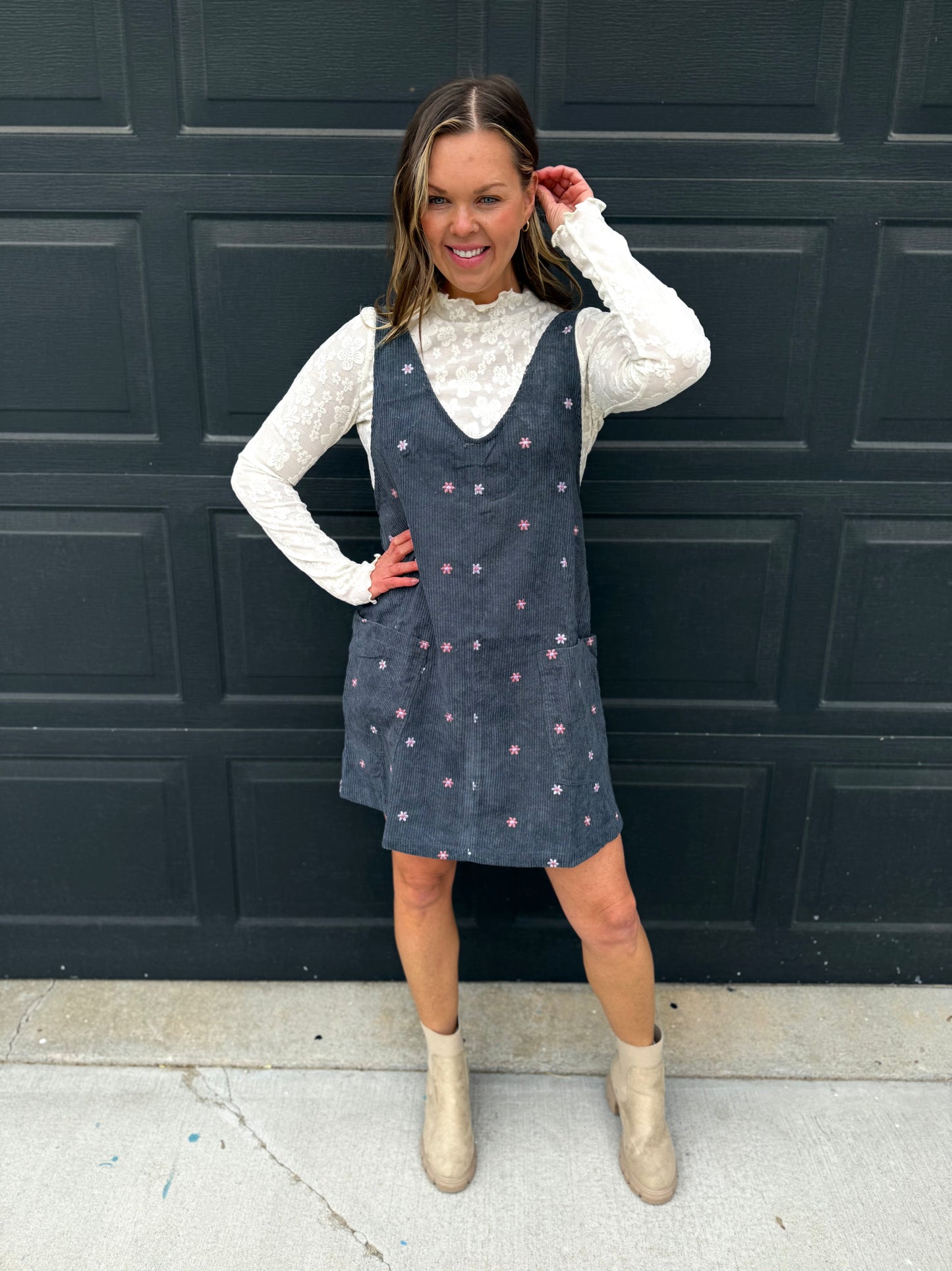 Floral Embroidered Overall Dress - Teal