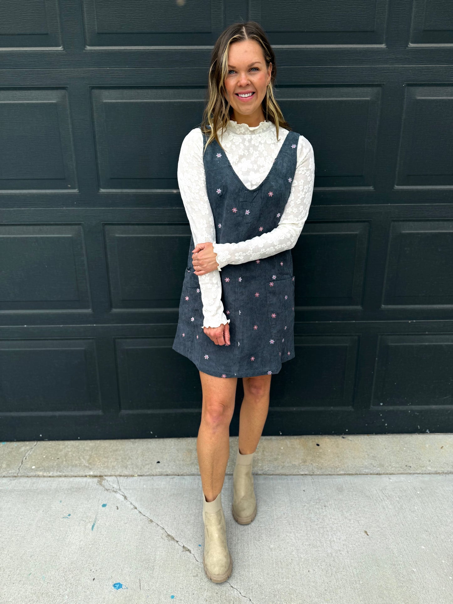 Floral Embroidered Overall Dress - Teal