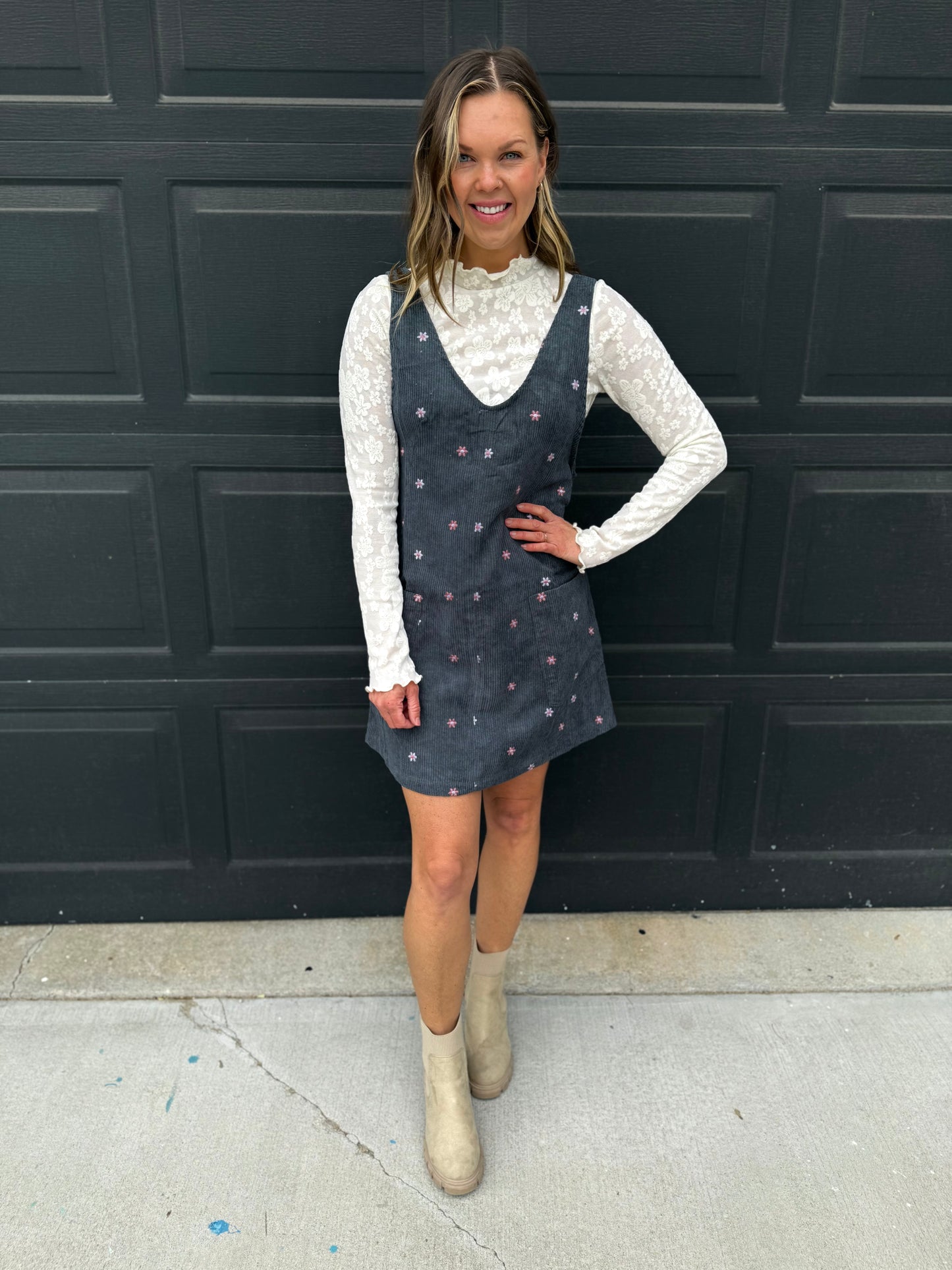 Floral Embroidered Overall Dress - Teal