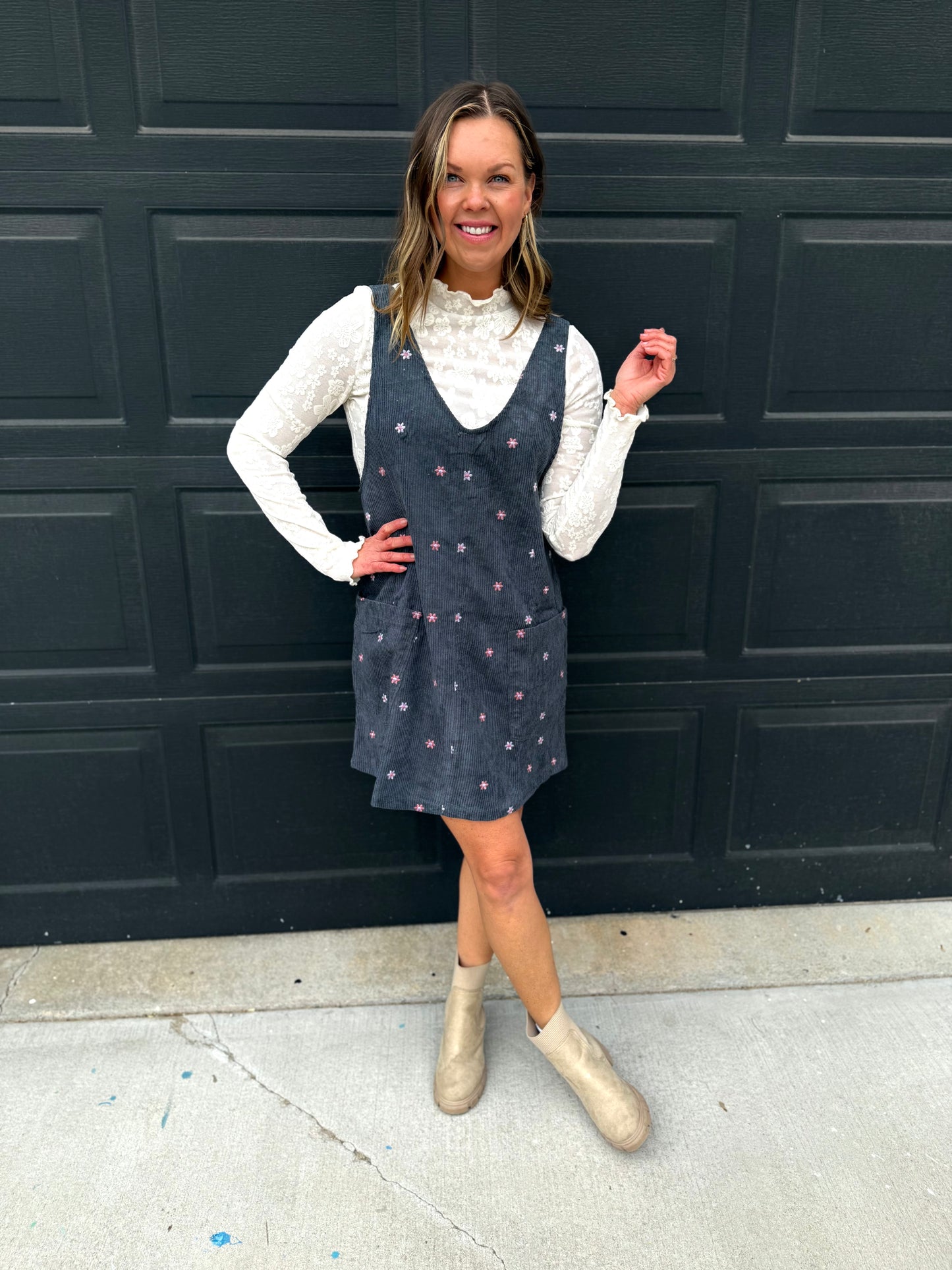 Floral Embroidered Overall Dress - Teal