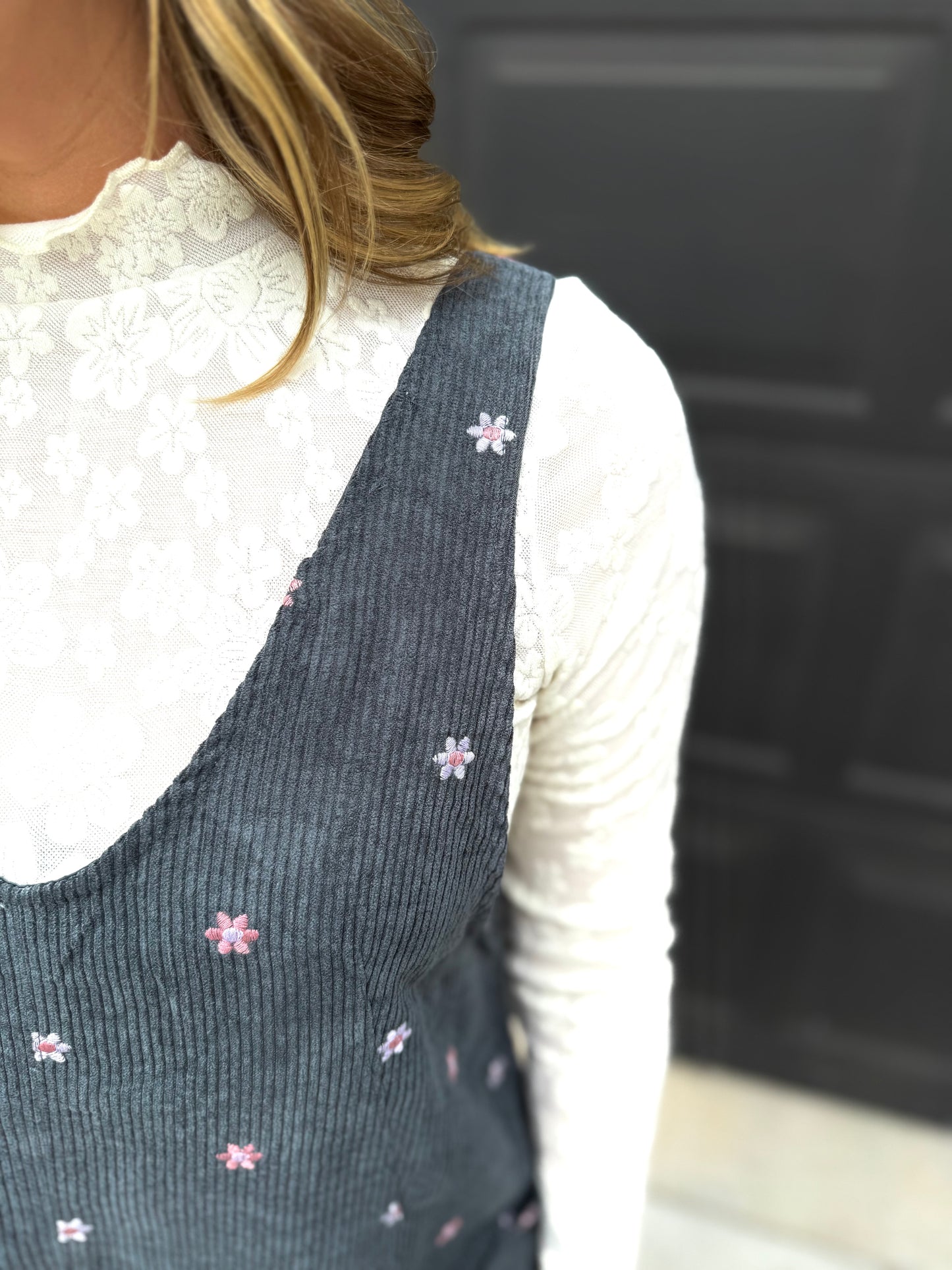 Floral Embroidered Overall Dress - Teal