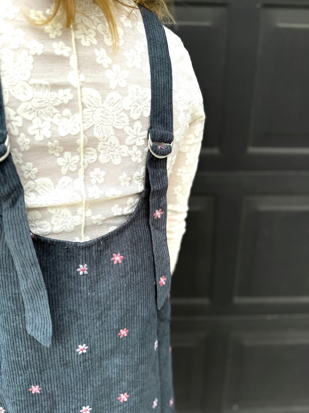 Floral Embroidered Overall Dress - Teal