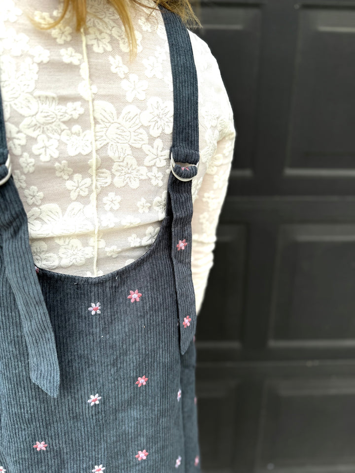 Floral Embroidered Overall Dress - Teal