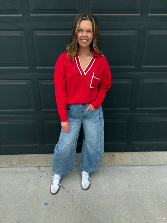 Collared Pullover Sweater With Contrast Trim