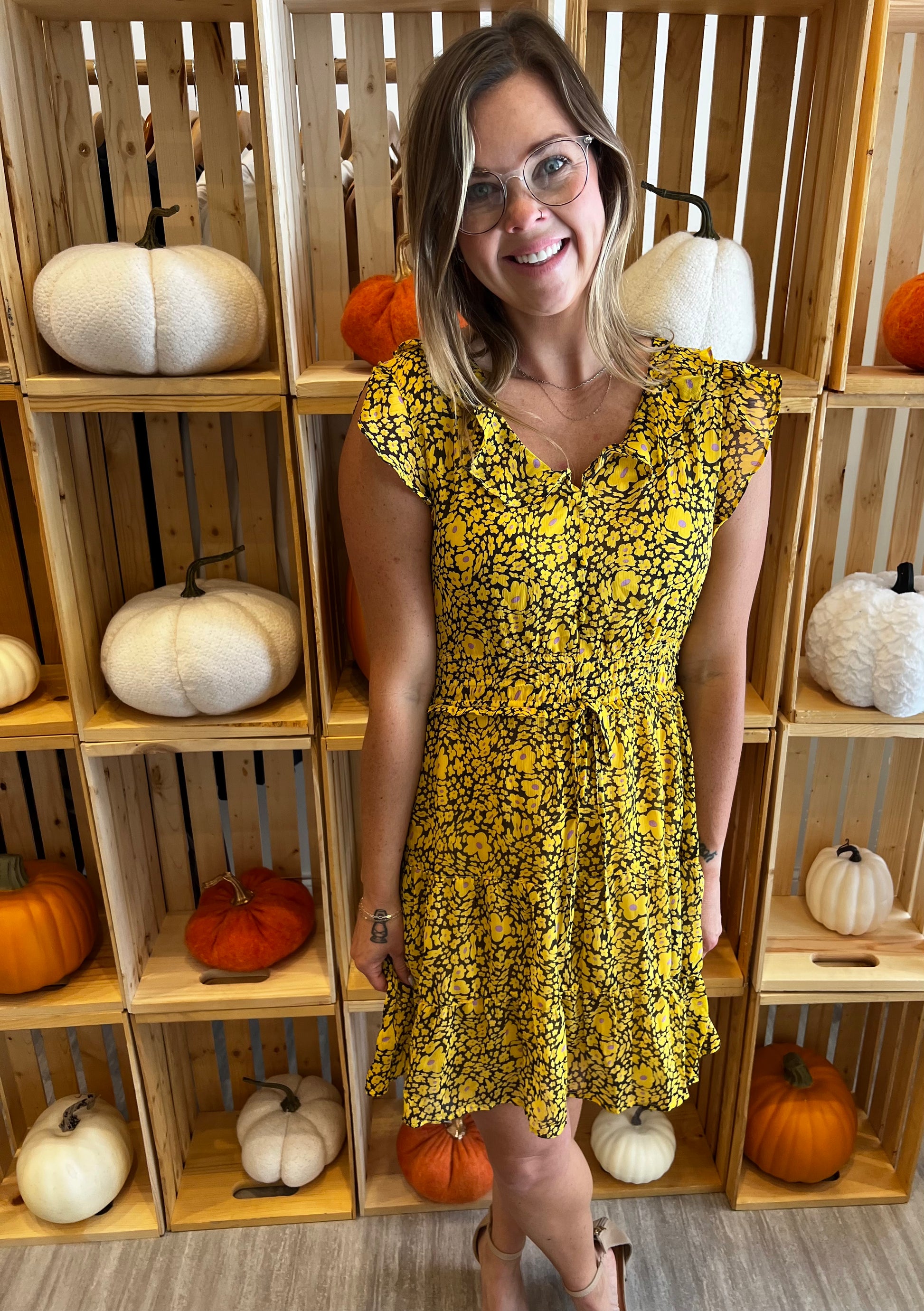 Black Dress adorned with Yellow Flowers* Rolling Peach Boutique Black Dress adorned with Yellow Flowers* Rolling Peach Boutique