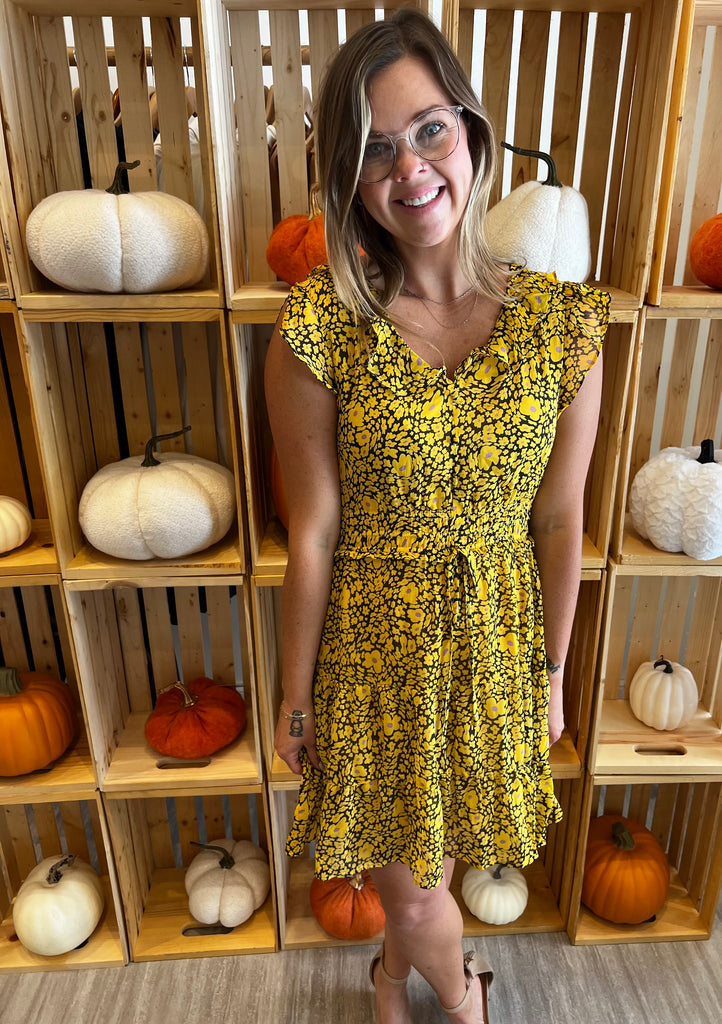 Black Dress adorned with Yellow Flowers* – Rolling Peach Boutique