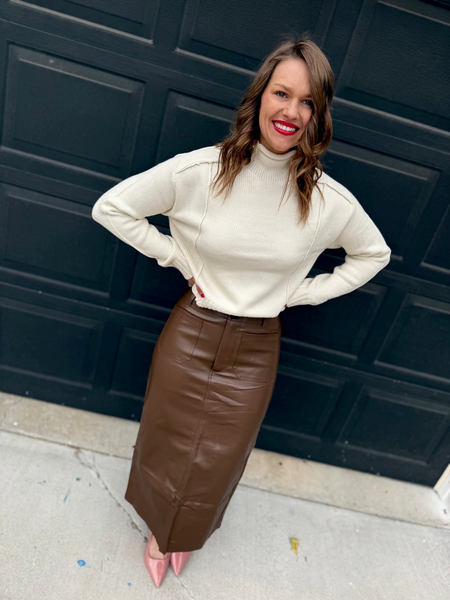 Pleather Zipper Front Midi Skirt