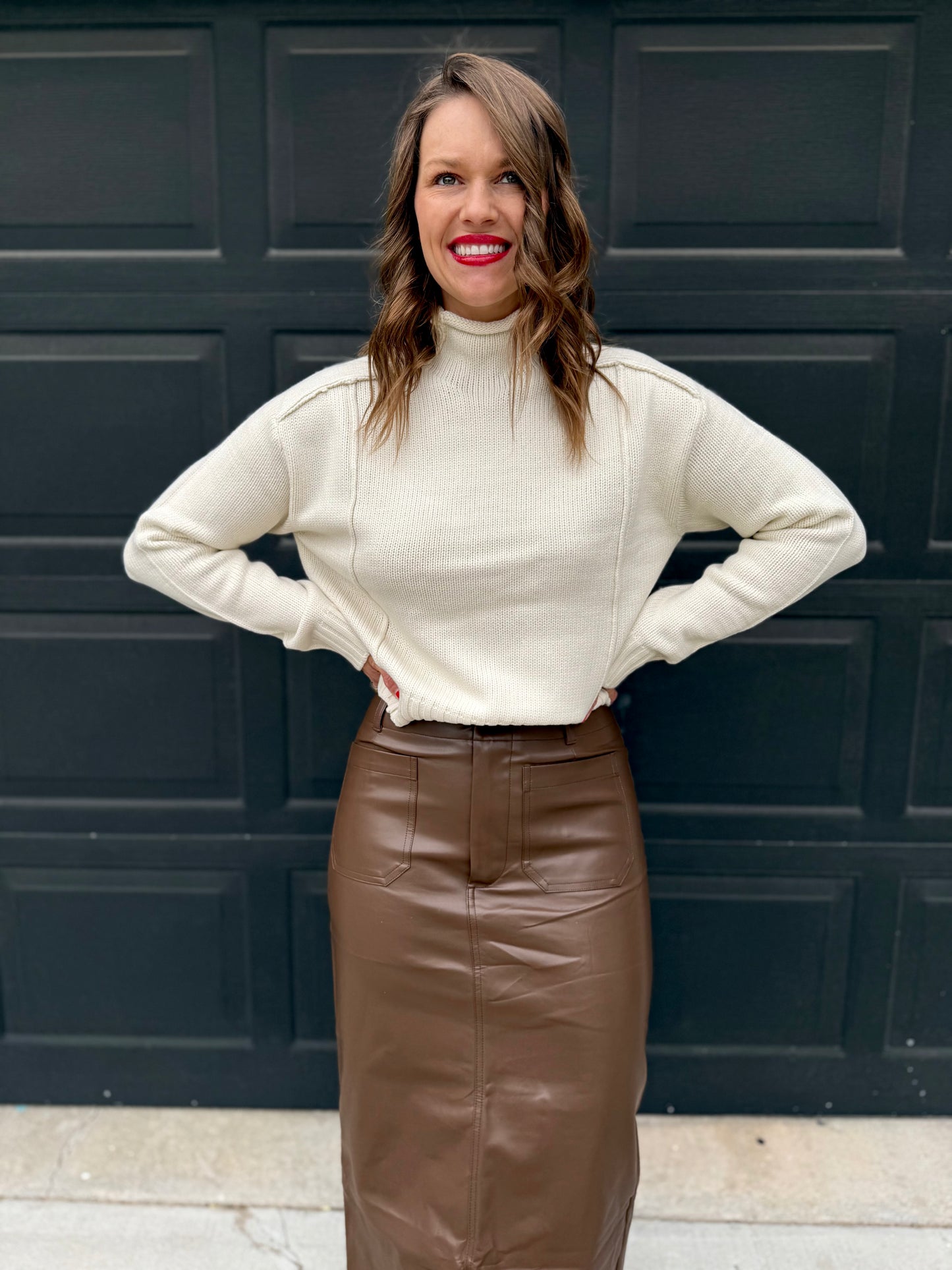 Pleather Zipper Front Midi Skirt