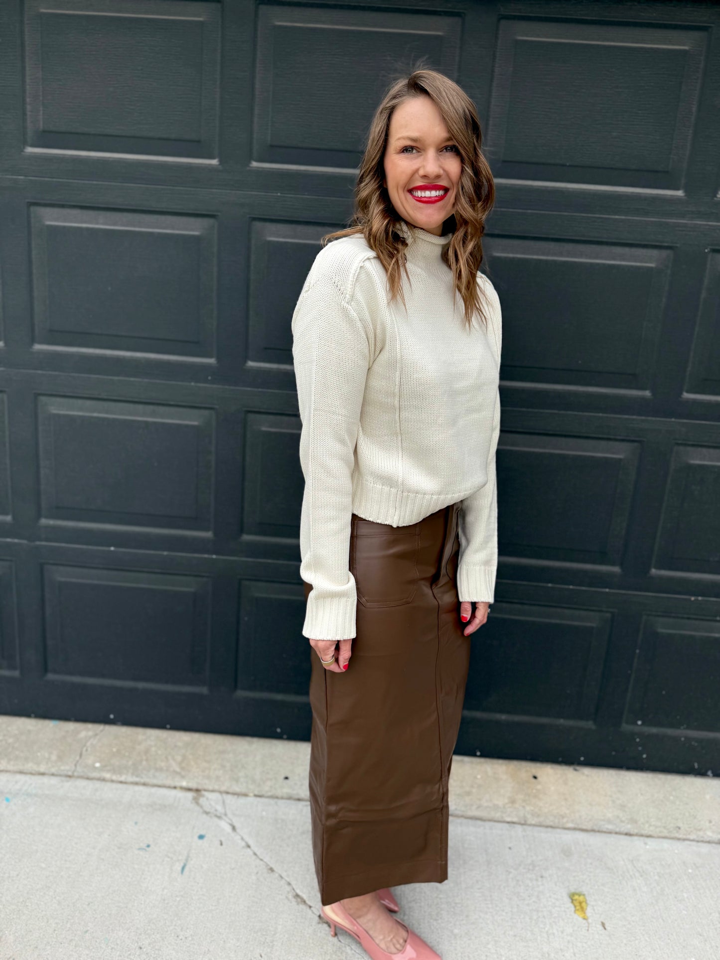 Pleather Zipper Front Midi Skirt