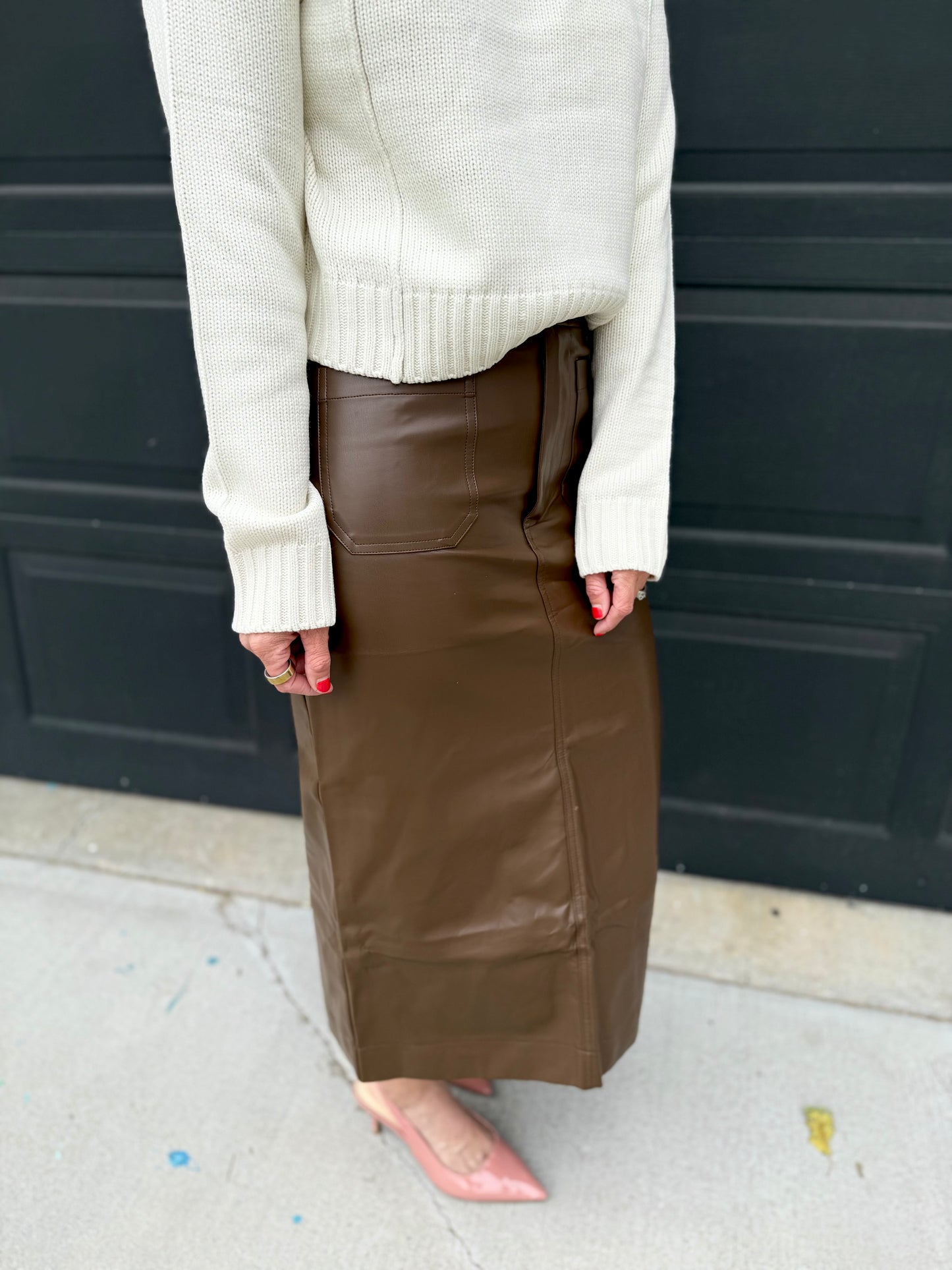 Pleather Zipper Front Midi Skirt