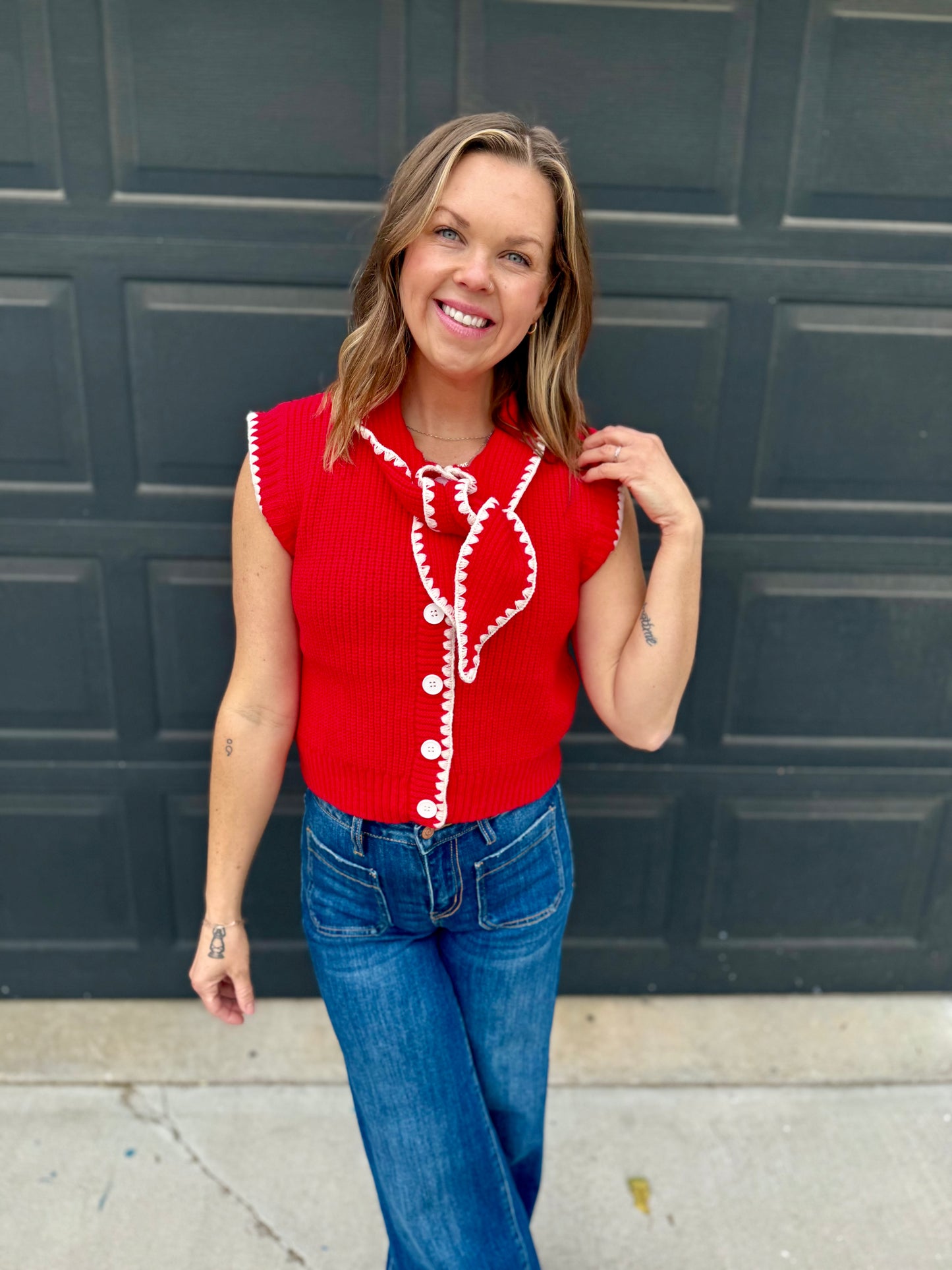 Tie Neck Sweater Vest With Contrast Blanket Stitch