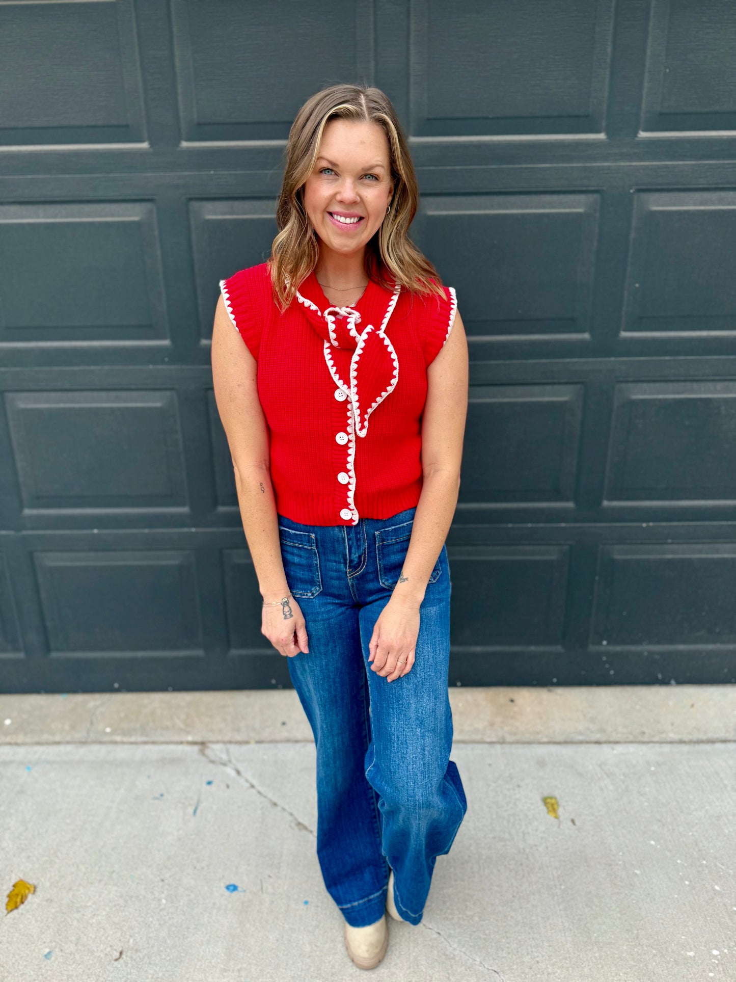 Tie Neck Sweater Vest With Contrast Blanket Stitch