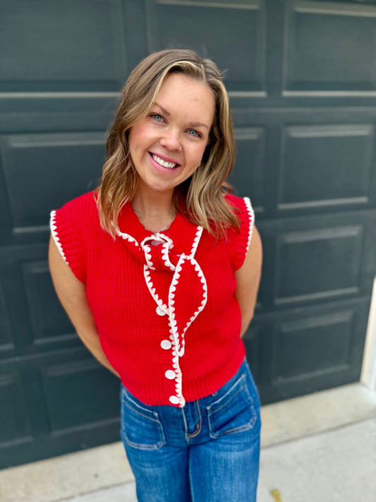 Tie Neck Sweater Vest With Contrast Blanket Stitch