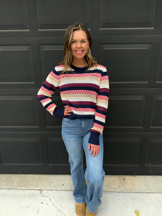 Open Crochet Crew Neck Stripe Sweater